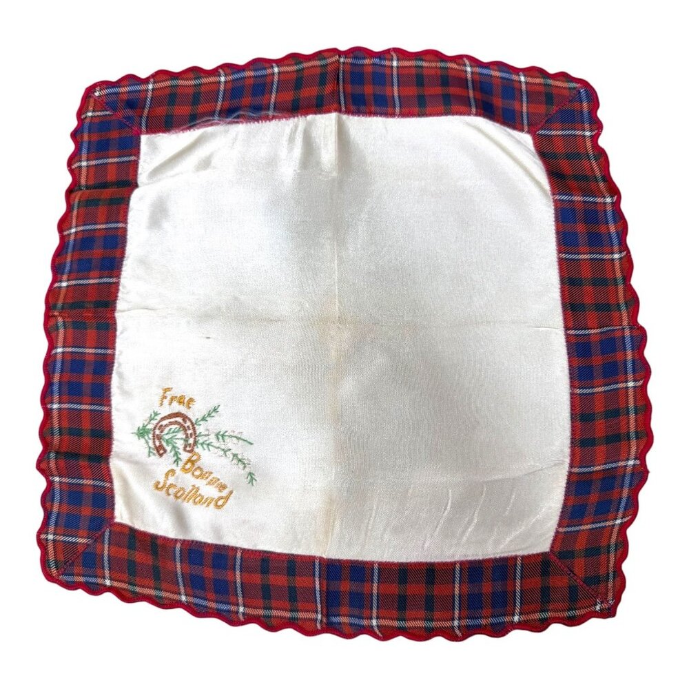 Vintage Scottish Souvenir Handkerchief Frae Bonnie Red Tartan Embroidered READ